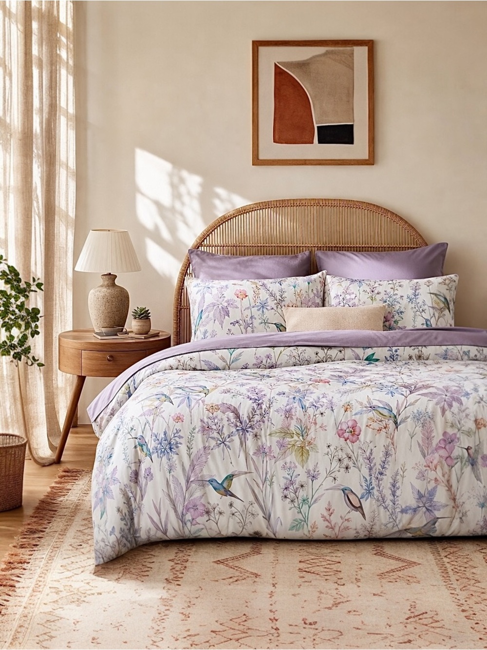 NEW Anthro Purple Floral Bird Boho Cotton Queen / King Bedding Duvet & Sham Set - Picture 3 of 13